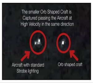 Orb-shaped craft near aircraft at night