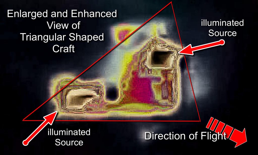 Fast-moving triangle UFO filmed passing two glowing orbs in 1999.