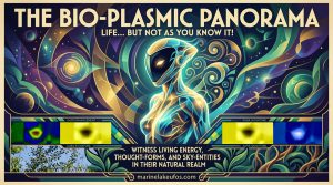A panoramic view of the sky filled with translucent, glowing, amorphous structures and shimmering light patterns that resemble organic, fluid-like entities suspended in the atmosphere, representing the concept of bio-plasmic life-forms
